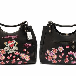 Ed Hardy Black Shoulder Bag with Pink Floral Design